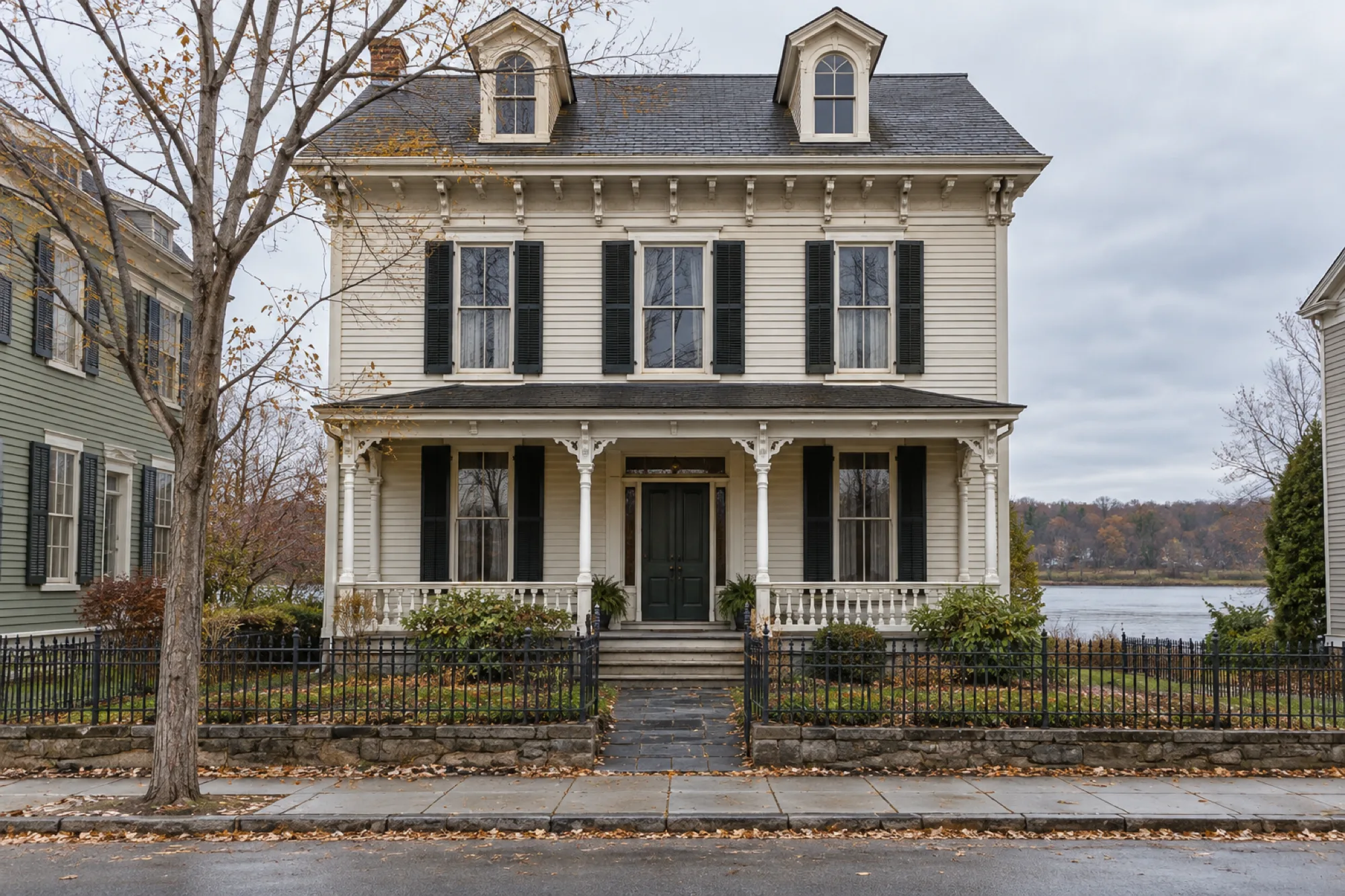 The street front of Hollin House: a two-and-a-half-storey clapboard house with a bracketed cornice, dark shutters, a porch on turned posts and an iron fence, seen across a quiet street with the river behind.