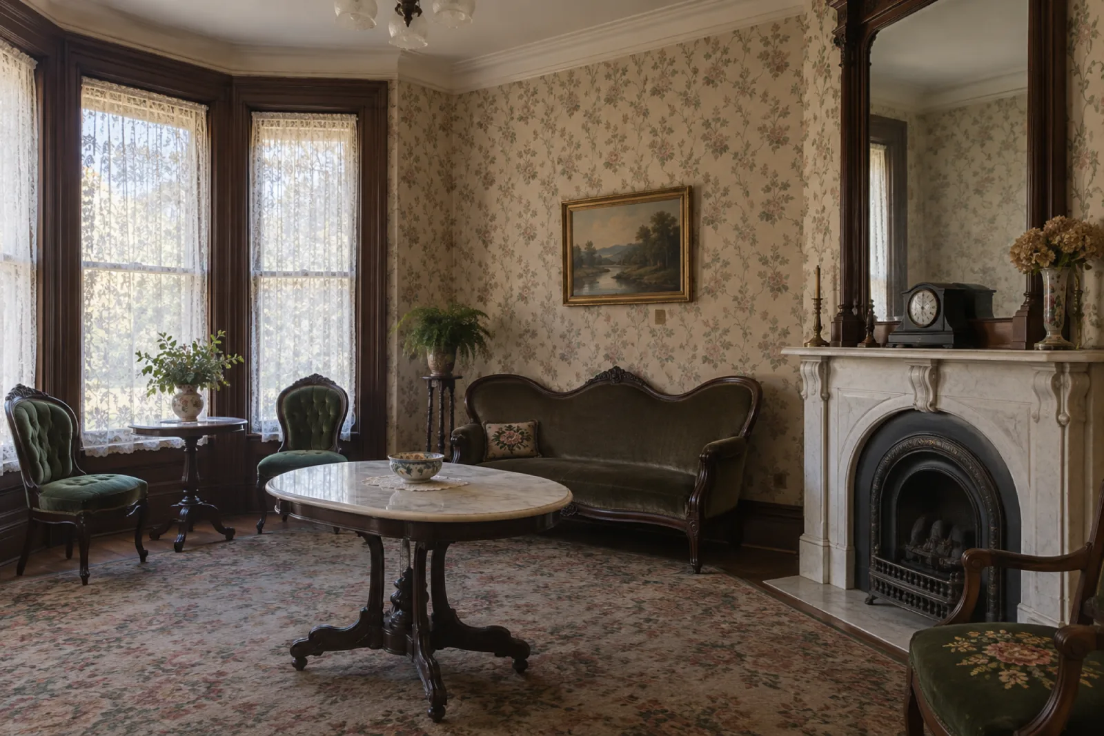 The front parlour: a horsehair sofa, a marble-topped table, patterned wallpaper, a tall mirror over the mantel with a clock, lace curtains at the bay window, afternoon light from the side.
