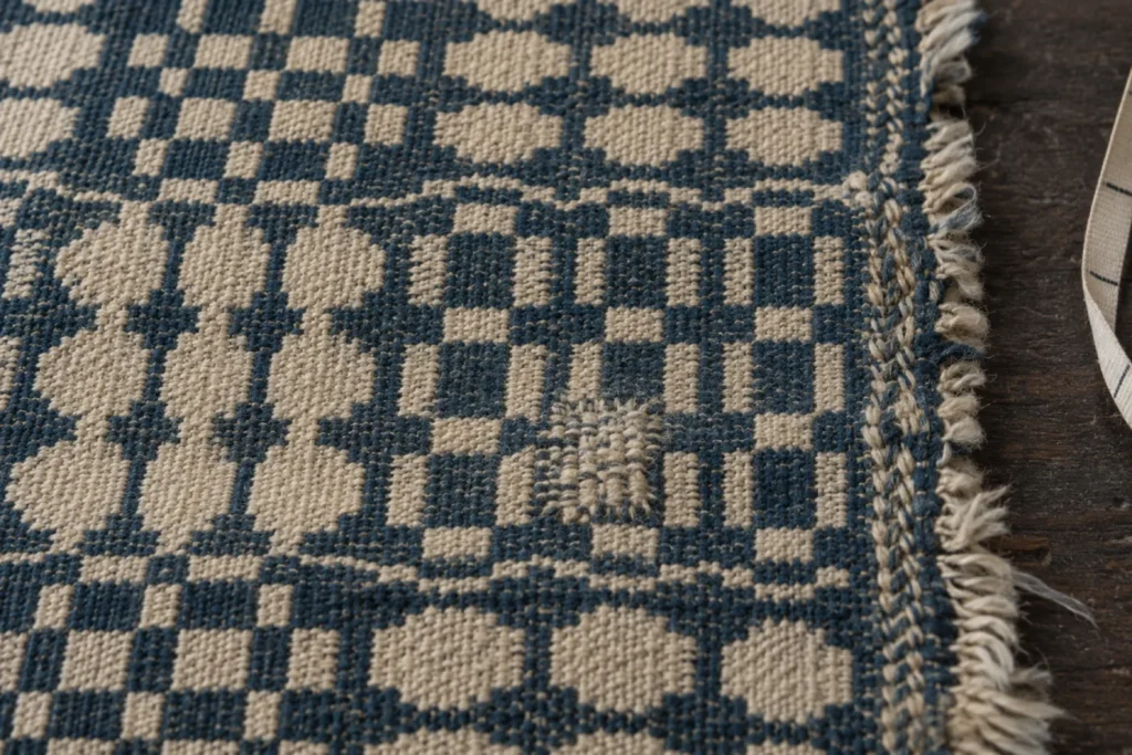 A close detail of the overshot coverlet: indigo wool floated over an undyed cotton ground in squares and lozenges, the frayed selvedge at the right.