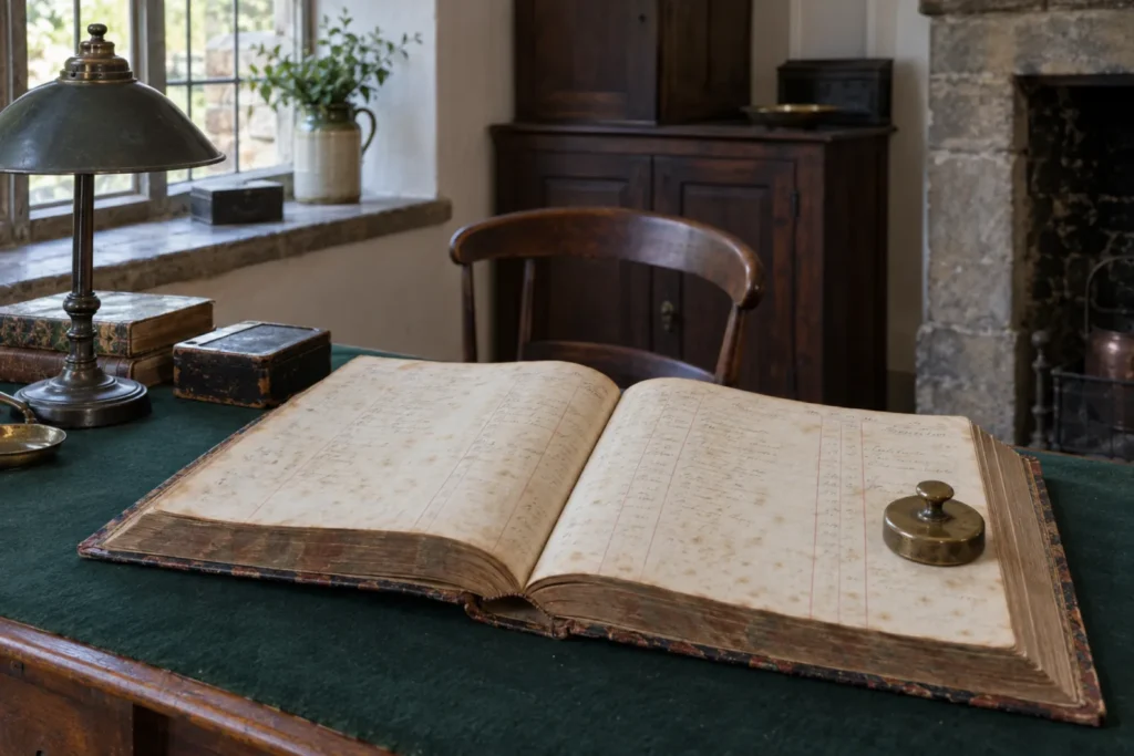 The 1884 day book open on a green felt-covered table under a brass lamp, columns of faded brown ink, a brass paperweight holding the page.