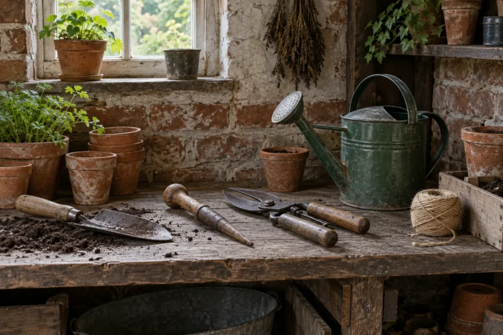 Garden tools on the potting-shed bench: a trowel, a dibber, shears, a green watering can, terracotta pots and a ball of twine, light from a small window.