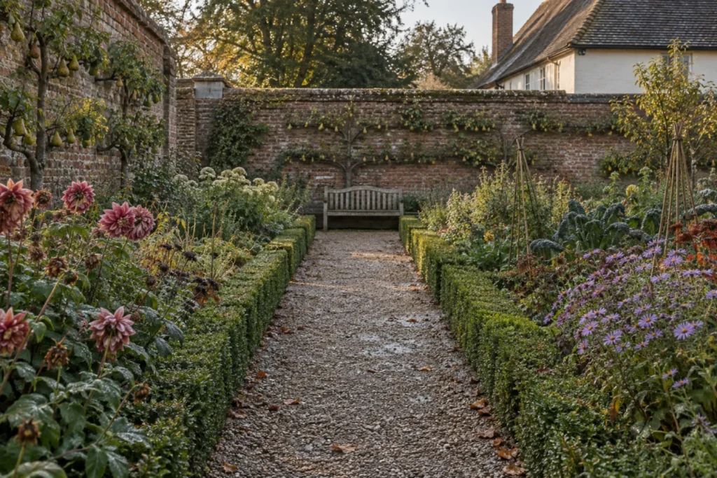 The walled garden in early autumn: a straight gravel path between box-edged borders of dahlias and asters, espaliered pears on the brick walls, a bench at the far end.