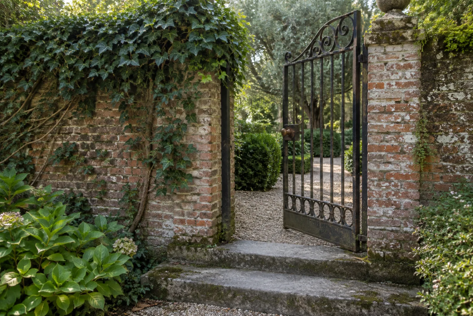 The Water Street gate: a wrought-iron gate half open in a high brick wall with ivy, a worn stone step, the garden path beyond.