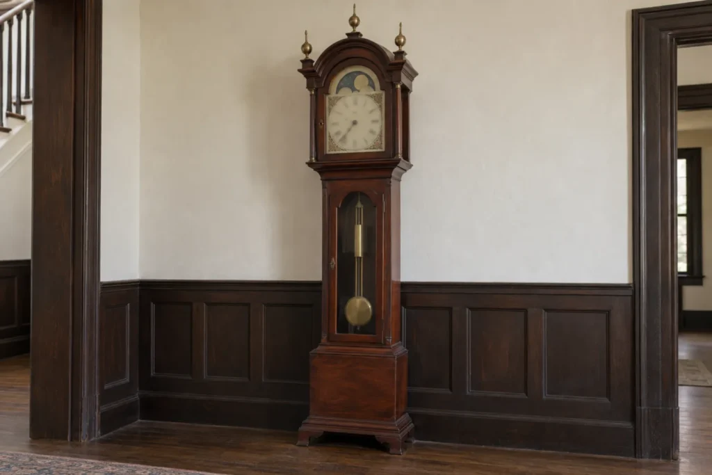 The tall-case clock in the front hall: a mahogany case against plaster and dark wainscot, a painted dial with a moon phase, the pendulum behind a glazed door.