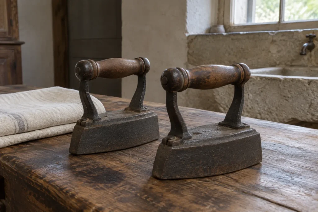 A pair of cast-iron sad irons with turned wooden handles on the scorched kitchen table, a folded linen cloth beside them and the stone sink behind.
