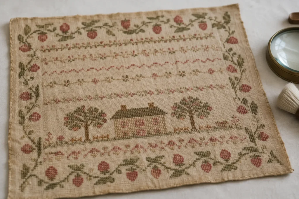 The child's sampler close and at an angle: a cross-stitched border of strawberries and vines, a house between two trees, rows of faded rose and olive silk.
