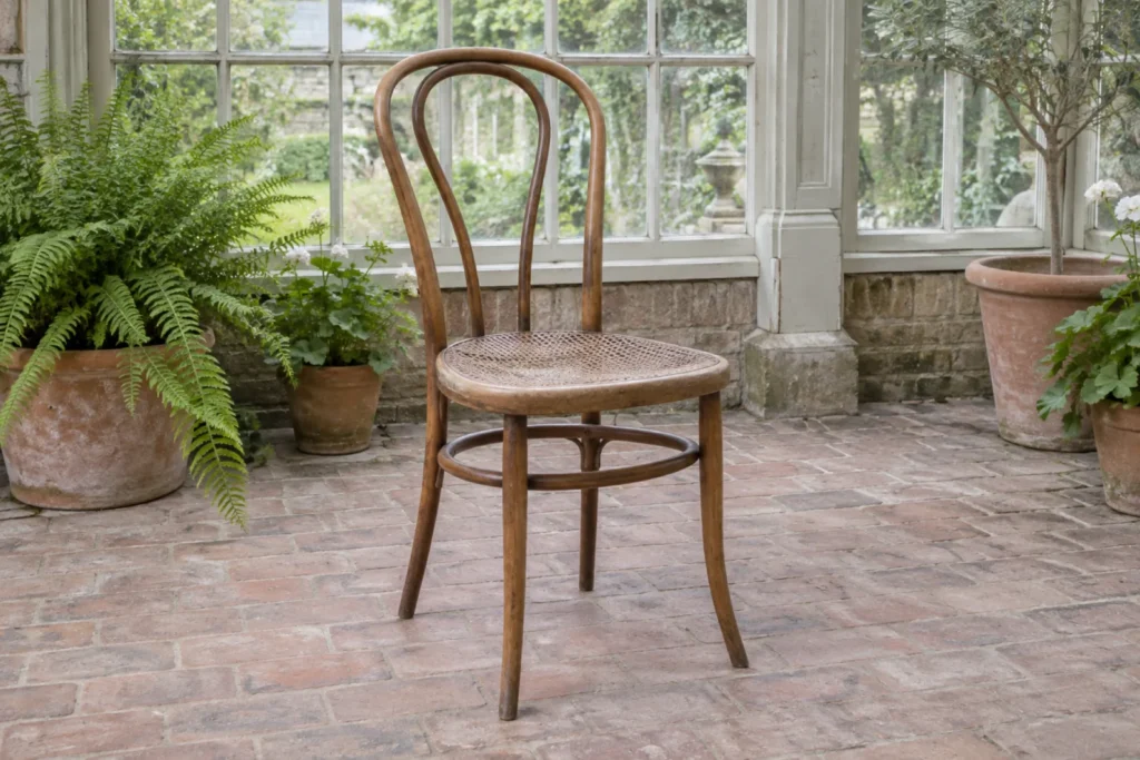 The bentwood garden chair with its cane seat alone on the brick floor of the garden room, ferns in terracotta pots and old glass behind.
