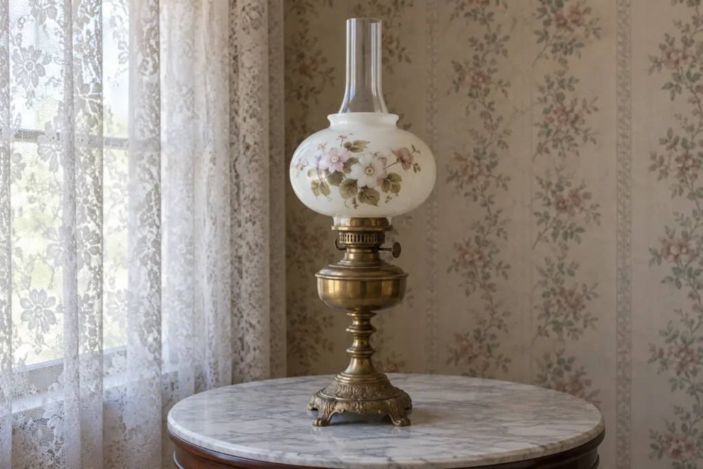 The kerosene parlour lamp: a brass base and a painted milk-glass globe with a clear chimney on a marble-topped table by lace curtains, unlit.