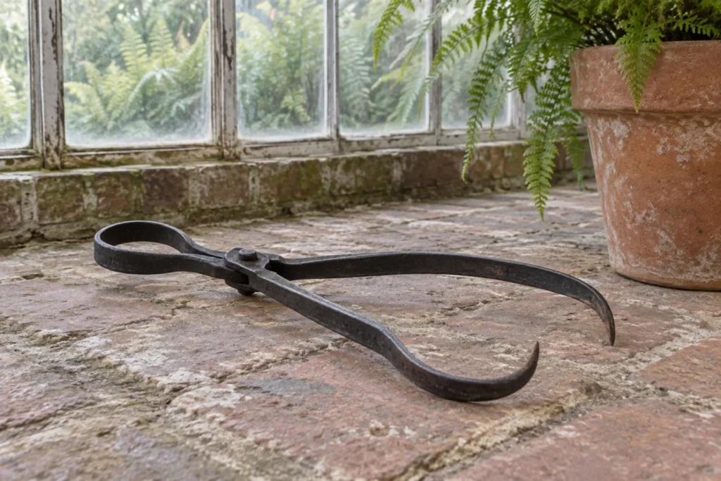 The wrought-iron ice tongs on the brick floor of the garden room: two curved pointed jaws on a hinged pivot, a terracotta pot and ferns behind, old glass in the window.