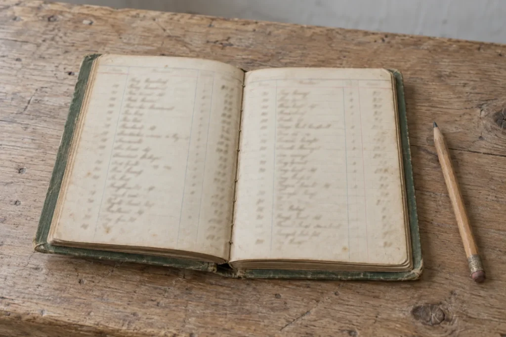 The seed order book open on a scrubbed wooden table: faded green cloth boards, ruled columns of soft brown ink out of focus, a pencil beside it.