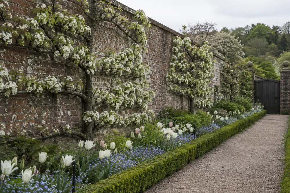 The walled garden in April: the espaliered pears in white blossom along the brick wall, box edging, white tulips and forget-me-nots in the border, the gravel path to the far gate.