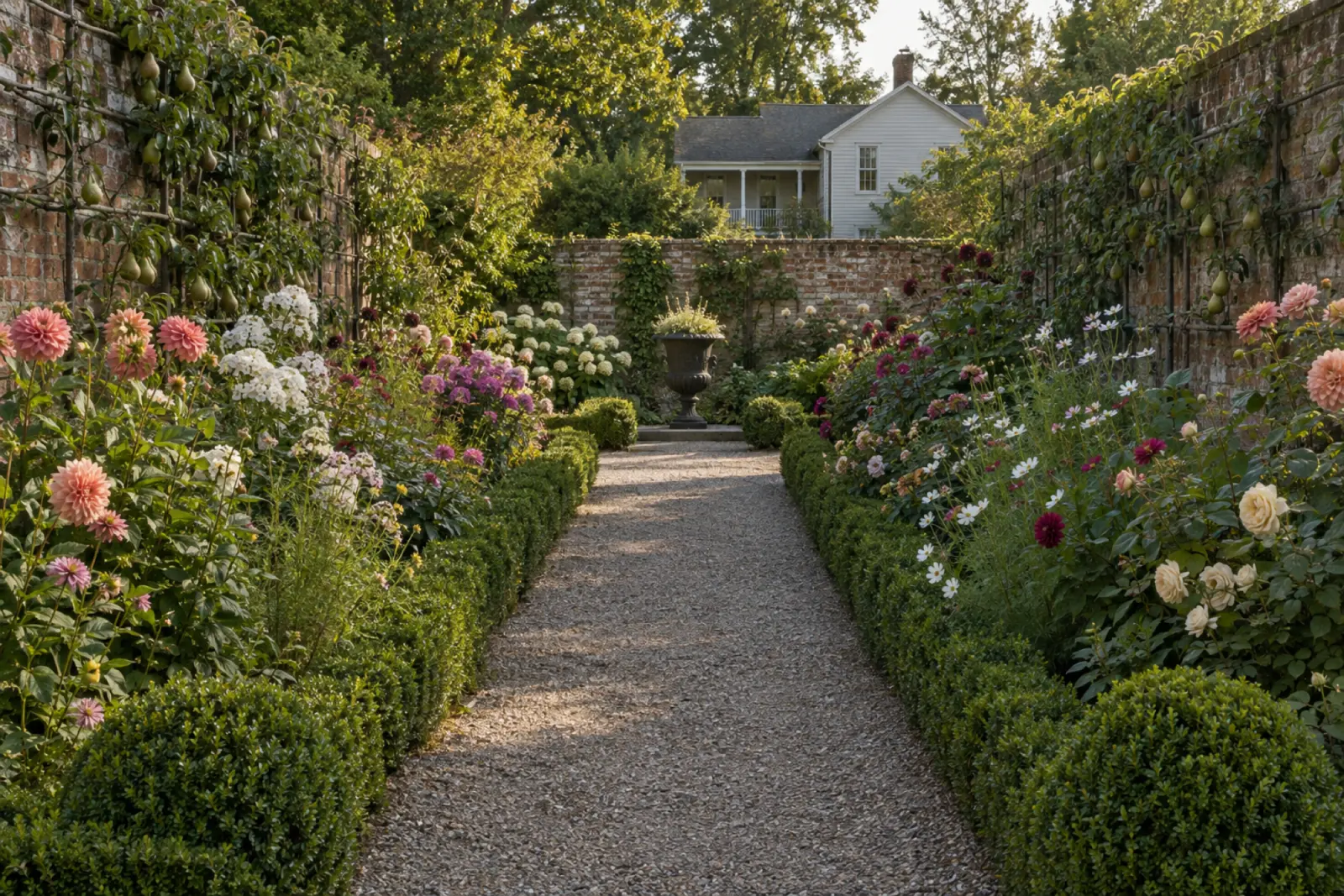 The walled garden in July, looking down the main path: deep borders of dahlias, phlox and roses either side of the gravel, box edging, the urn at the far end and the house beyond the wall.