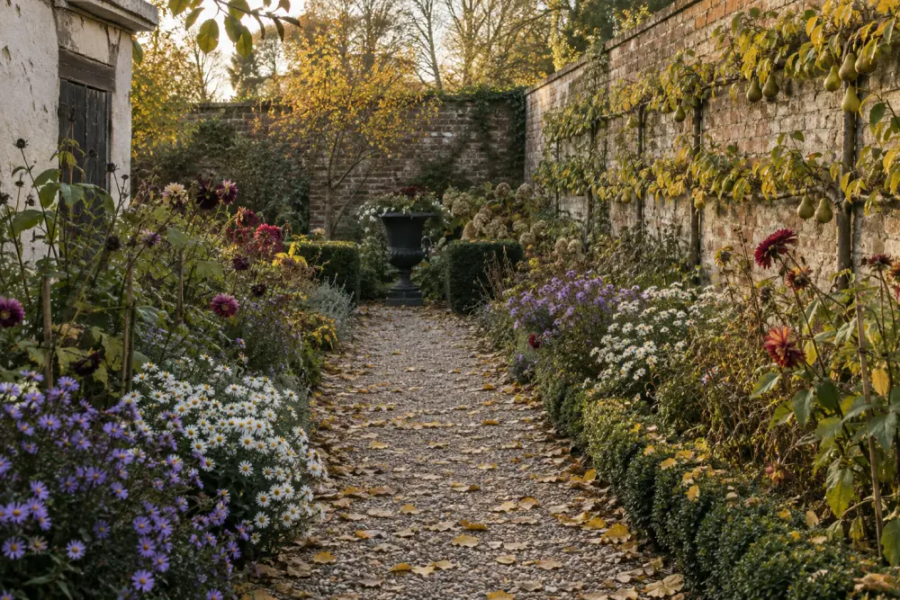 The walled garden in late October: purple and white asters and the last dahlias in the long borders, yellow leaves on the gravel path, the espaliers turning on the wall.