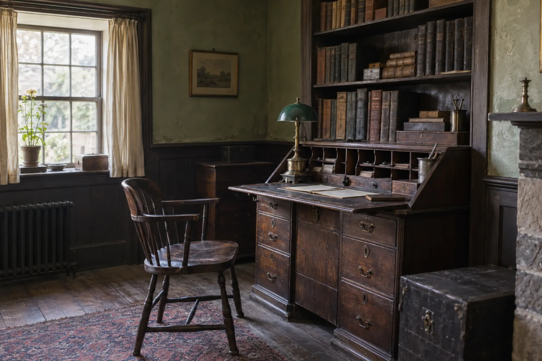 The study: a slant-top desk with pigeonholes, shelves of leather-spined ledgers, a green-shaded brass lamp, a wooden armchair, dark wainscot and a faded green wall, the window at the left.
