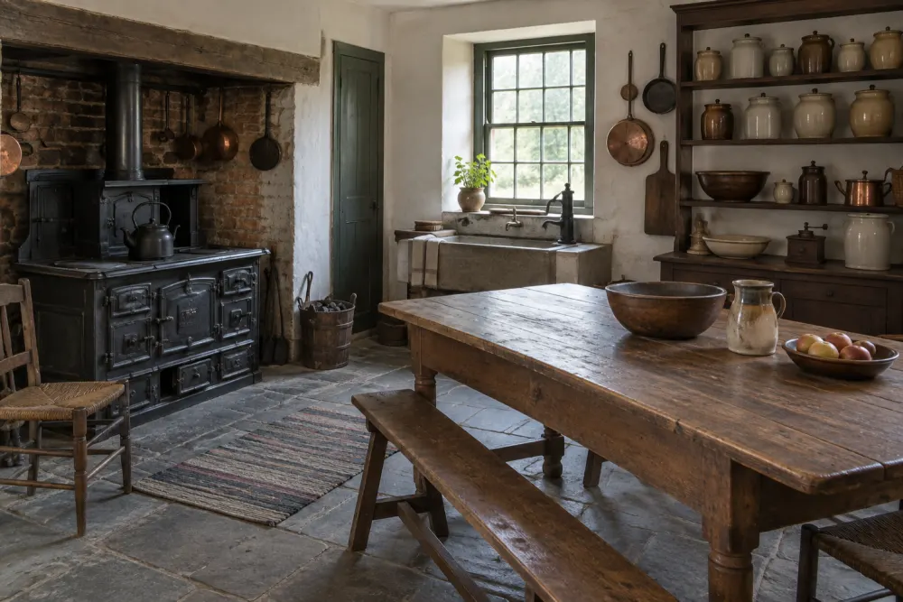 The kitchen: a black cast-iron range under the chimney breast, a long scrubbed pine table with a bench, a stone sink under the window, crocks and copper pans on open shelves, a flagstone floor.