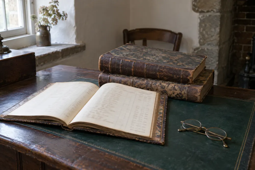 Three leather-bound ledgers on the study table in daylight, one open to ruled columns of faded ink that cannot be read, a pair of folded spectacles beside it on the green leather.
