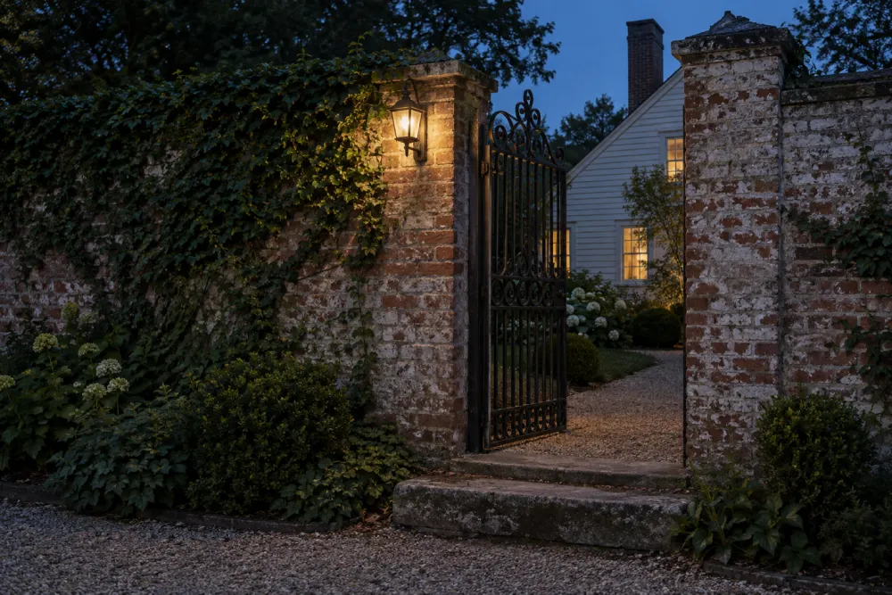 The Water Street gate at dusk: the iron gate half open in the brick wall, one lamp lit above it, ivy, the gravel path and a lit window of the house beyond, a deep blue sky.