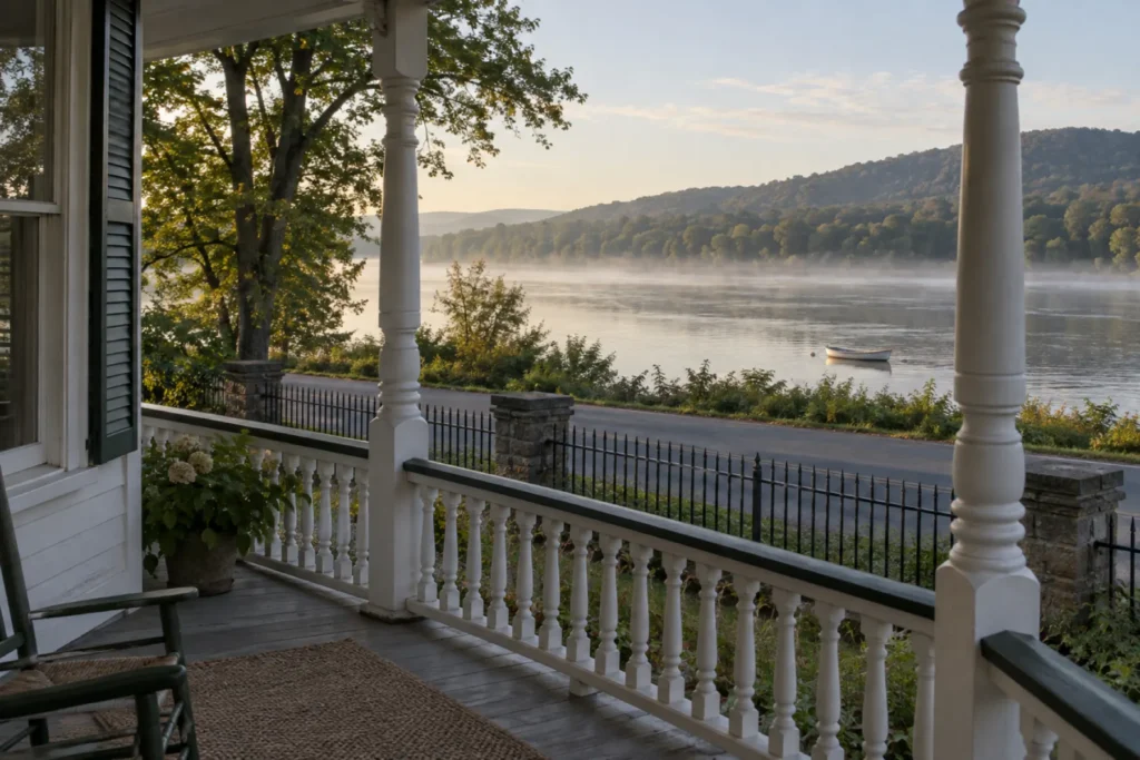The river from the porch in early morning: turned posts and the railing, the iron fence and the road below, mist on the water, a single rowing boat, the wooded far shore.