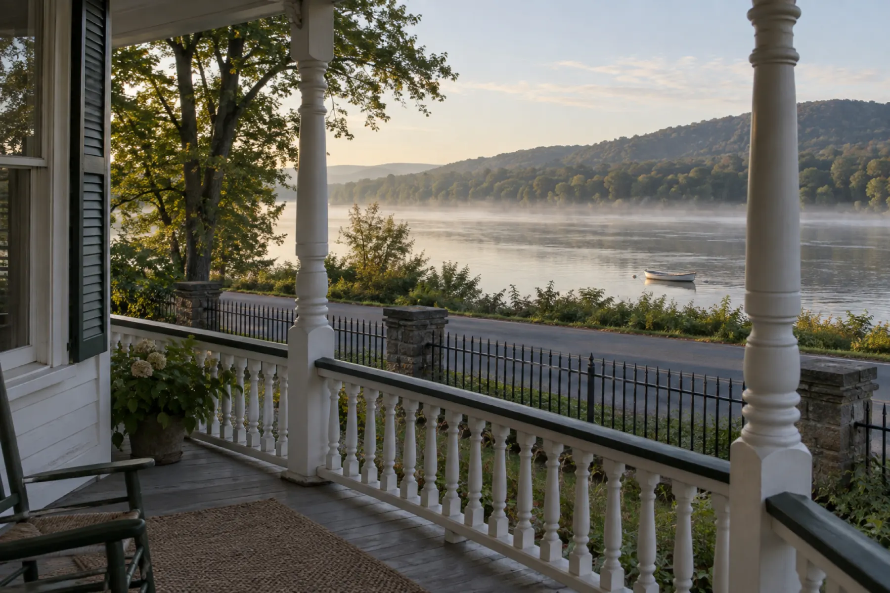 The river from the porch in early morning: turned posts and the railing, the iron fence and the road below, mist on the water, a single rowing boat, the wooded far shore.