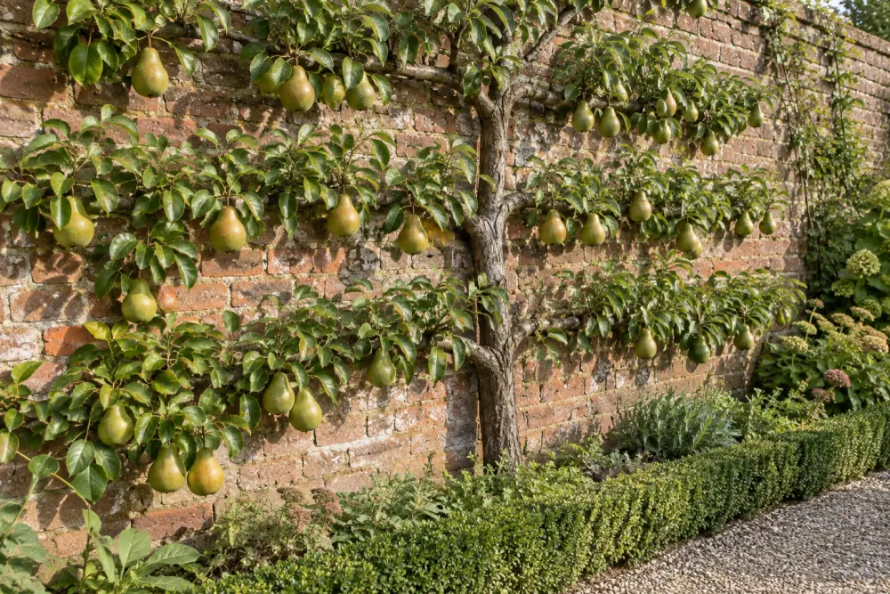 The pear wall in September: a tree trained flat in horizontal tiers on the old red brick, ripe green-gold pears along the branches, box edging and gravel at its foot.