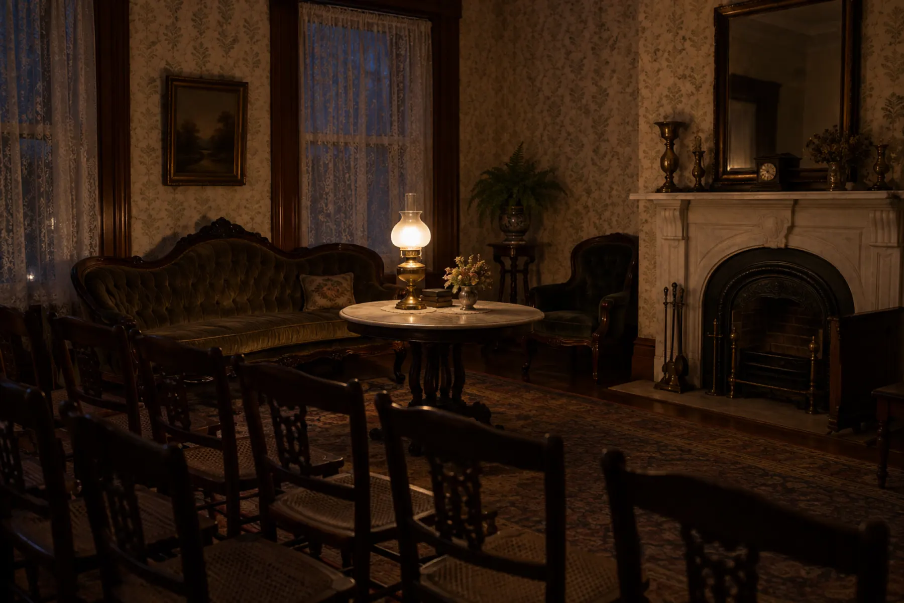 The parlour by lamplight, set for a talk: rows of wooden chairs facing the mantel, the kerosene lamp lit on the marble-topped table, the sofa and the mirror in shadow.